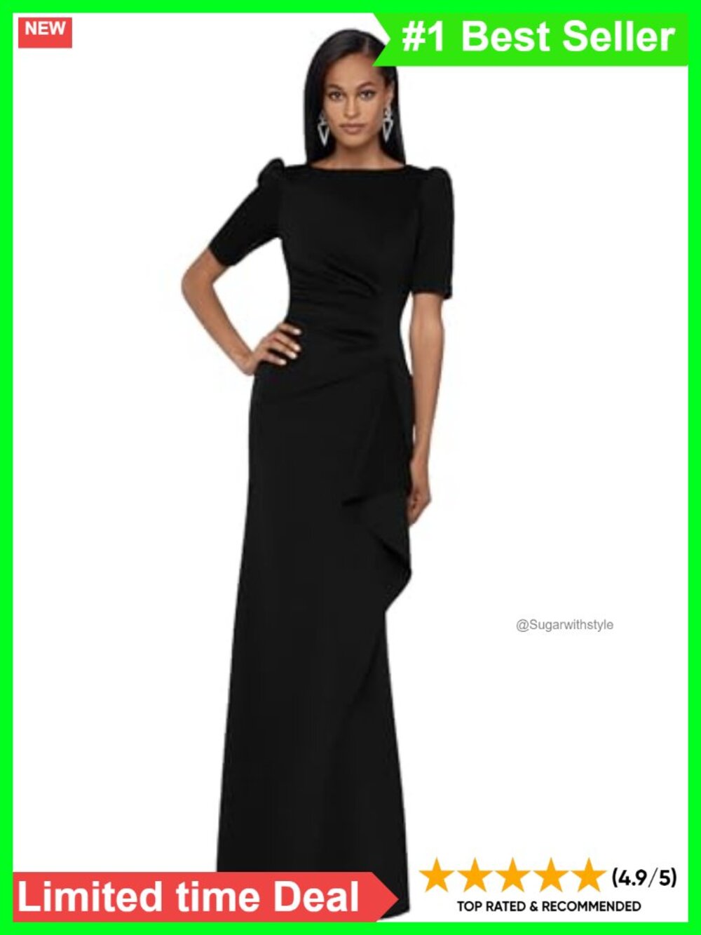 Xscape Long Boat Neck Bodycon Evening Gown 3/4 Sleeves Ruffle